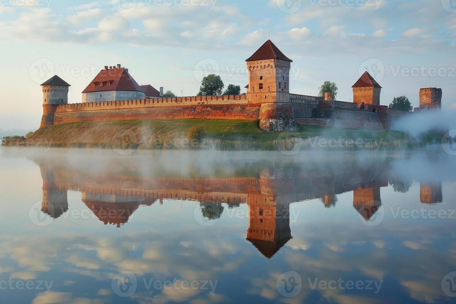 Trakai island castle reflecting in lake galve on a foggy morning photo
