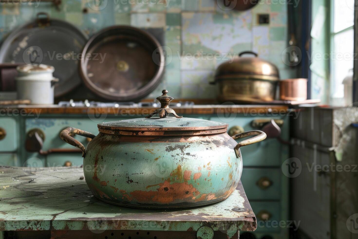 Old copper pot sitting on rustic table in vintage kitchen photo