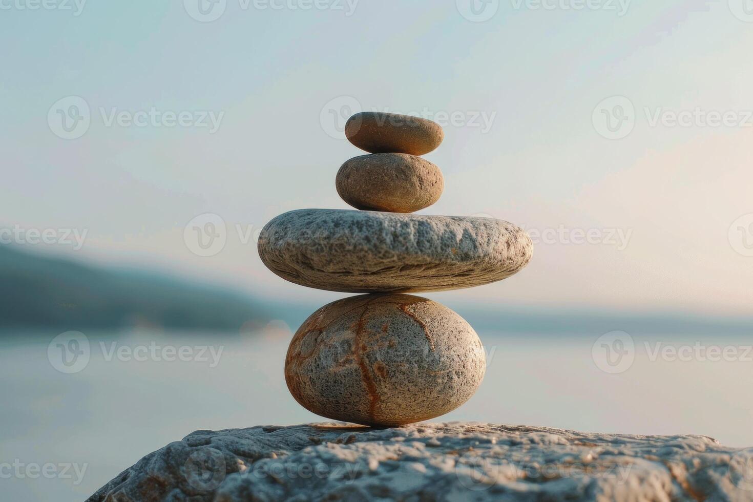 Stack of rounded zen stones balancing by the water at sunset photo