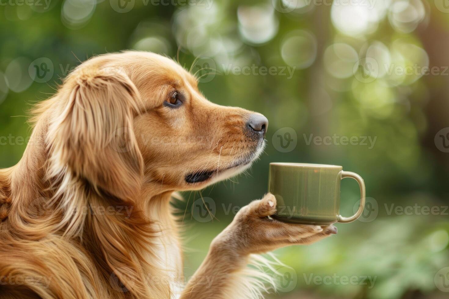 Golden retriever dog holding cup of coffee or tea outdoors photo