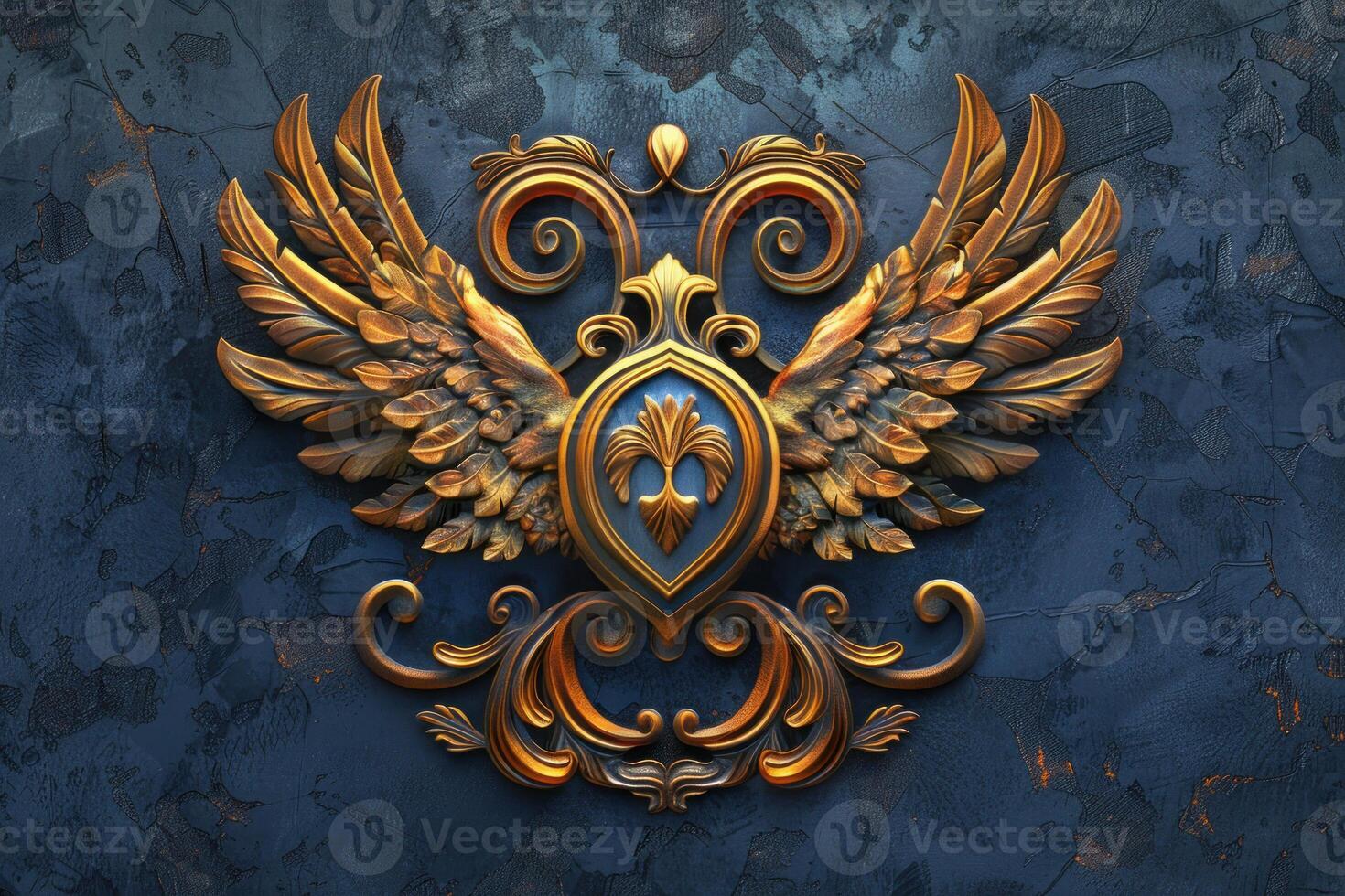 Golden winged emblem displaying fleur de lis symbol on blue textured background photo