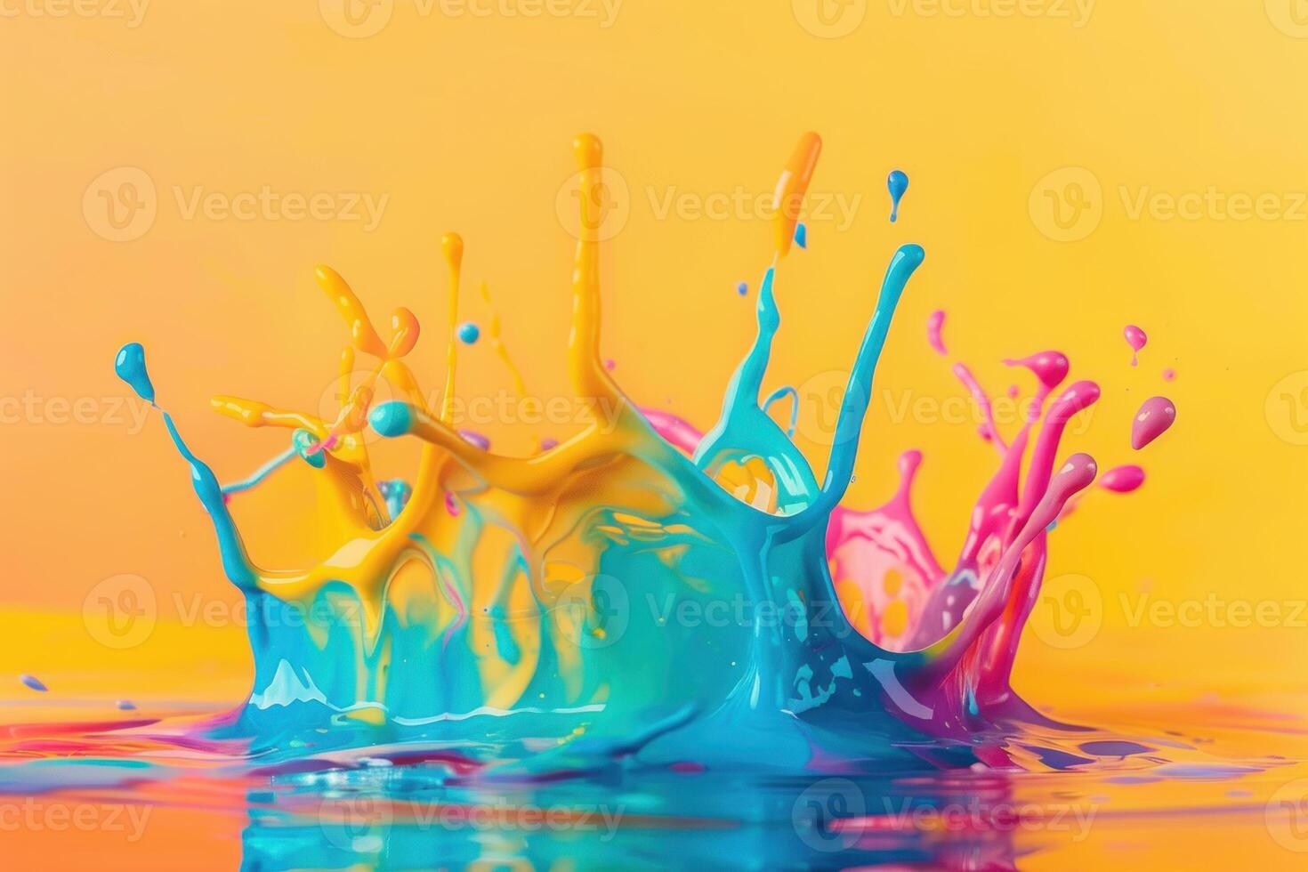Colorful paint splashing and mixing on yellow background photo