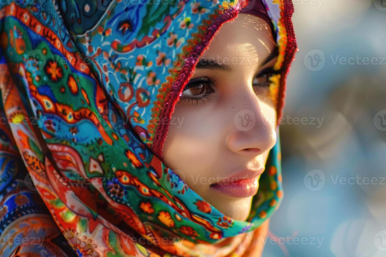 Young muslim woman is posing outdoors wearing a colorful hijab photo