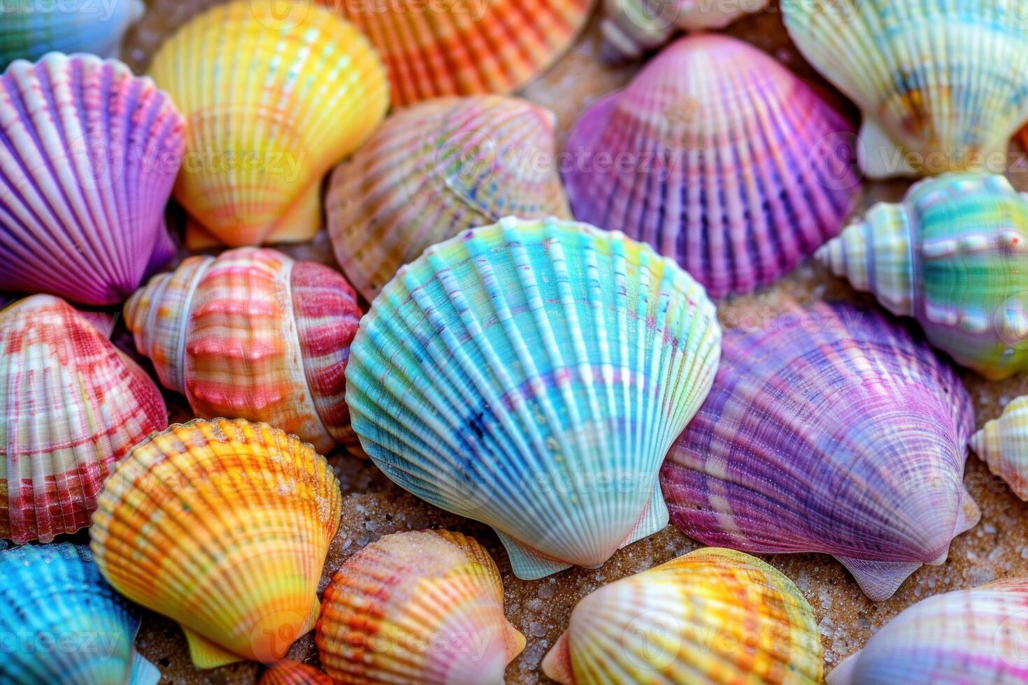 Colorful seashells lying on the sand creating vibrant background photo