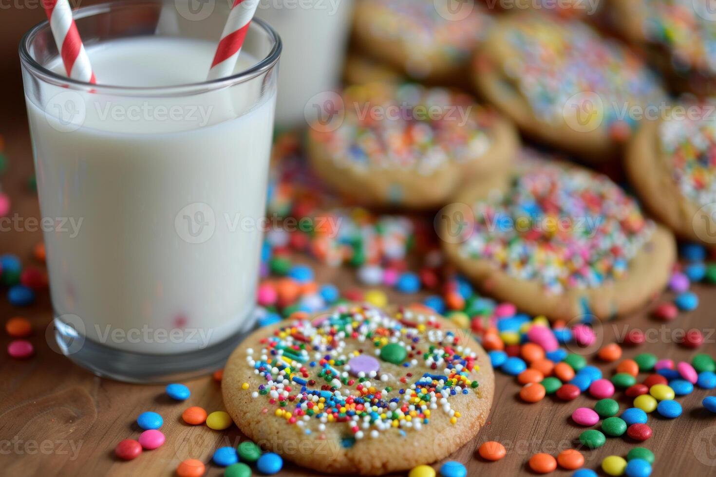 Enjoying a glass of milk with funfetti cookies and colorful candies photo