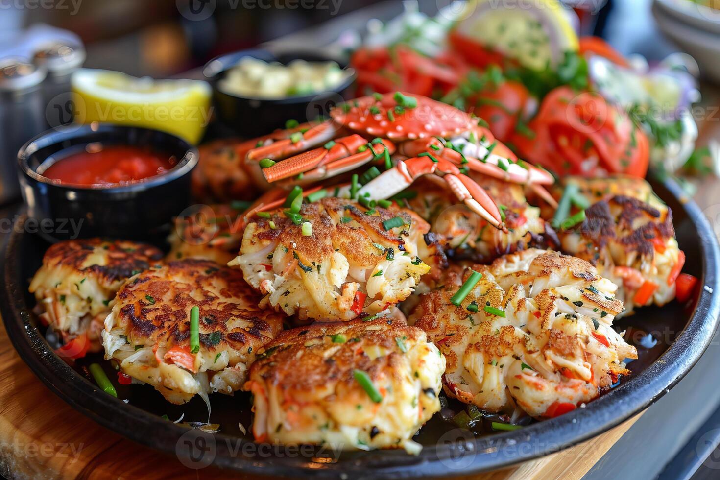 Close up of gourmet crab cakes being served on a plate with sides photo