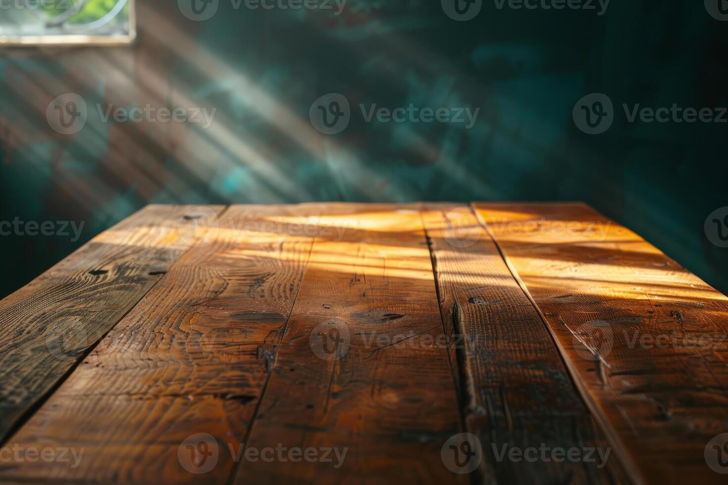 Warm sunlight on rustic wooden table photo