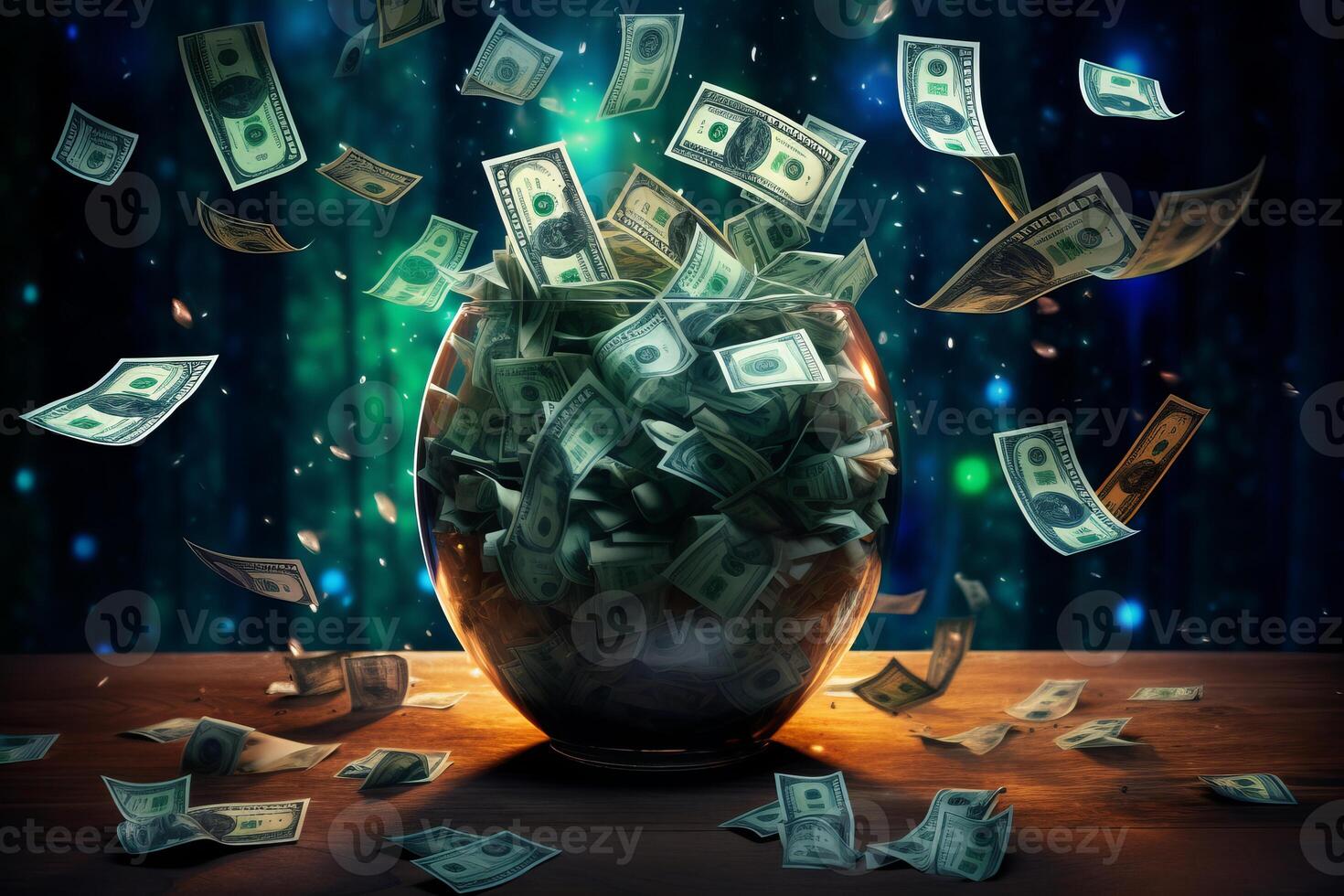 Overflowing cash bowl with flying money bills photo