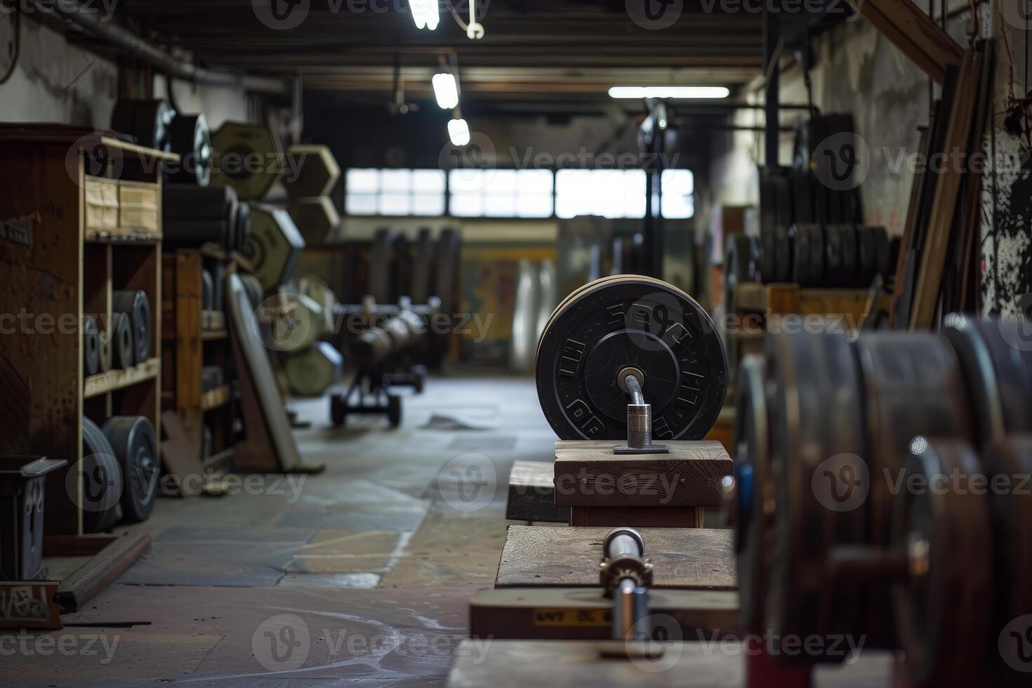 Heavy weights waiting for bodybuilders in old gym photo