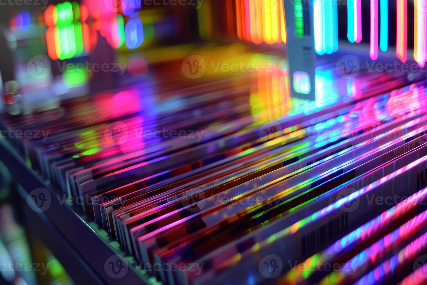 Colorful neon lights reflecting on metallic surfaces creating abstract design photo