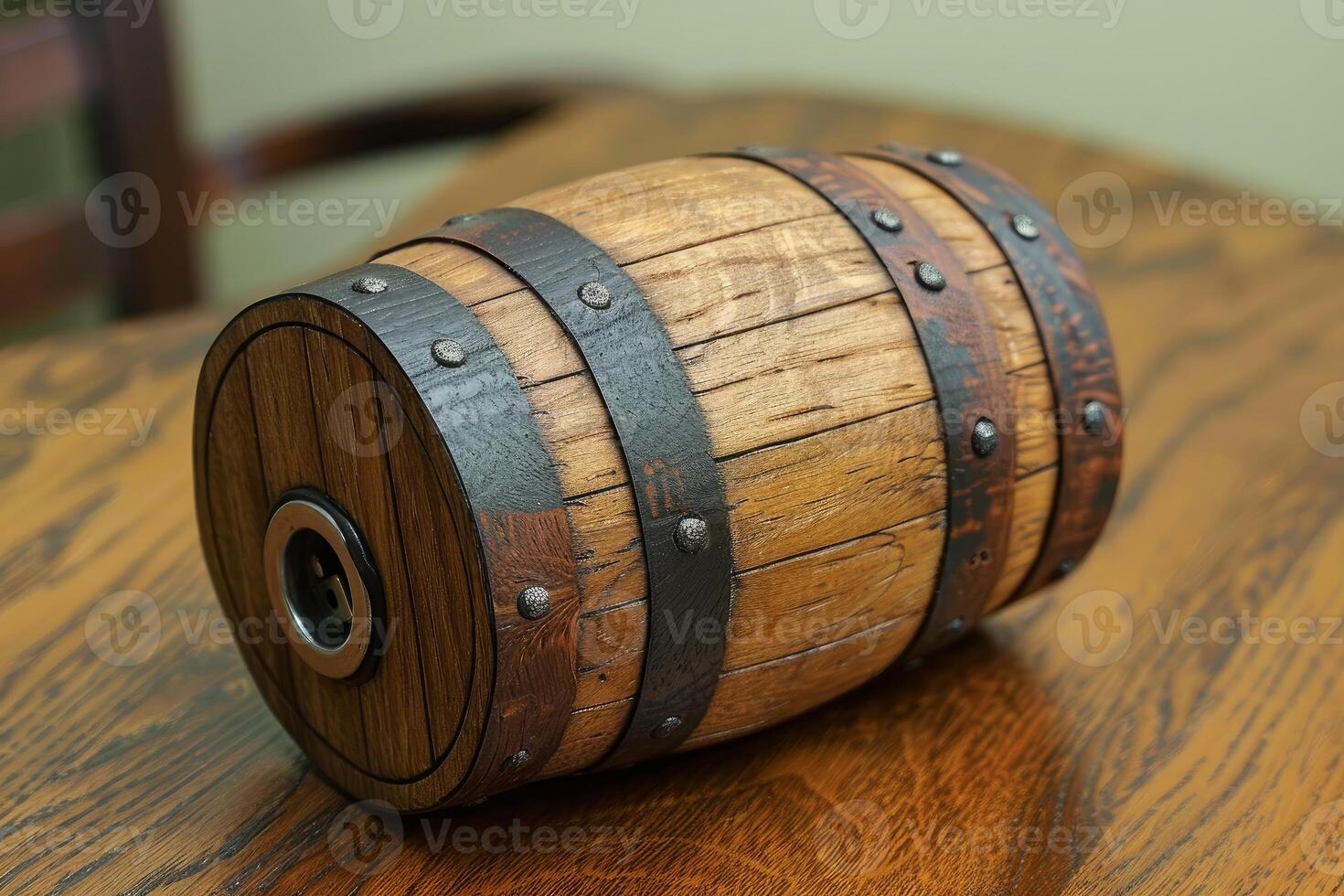Miniature wooden barrel resting on a tabletop photo