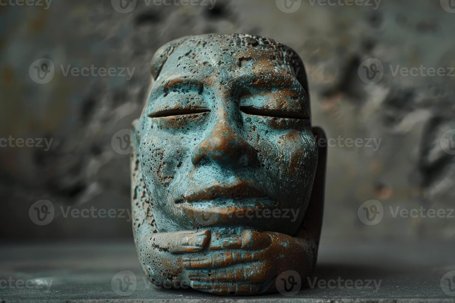 Ancient stone head sculpture resting its chin on folded hands photo