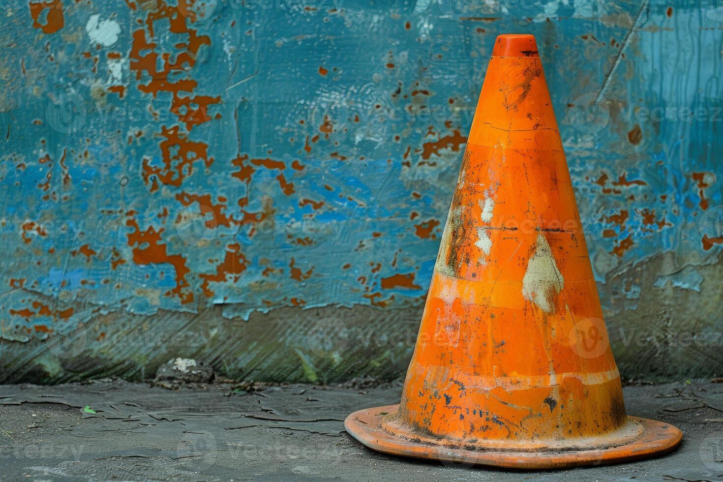 Old orange traffic cone standing near weathered wall photo
