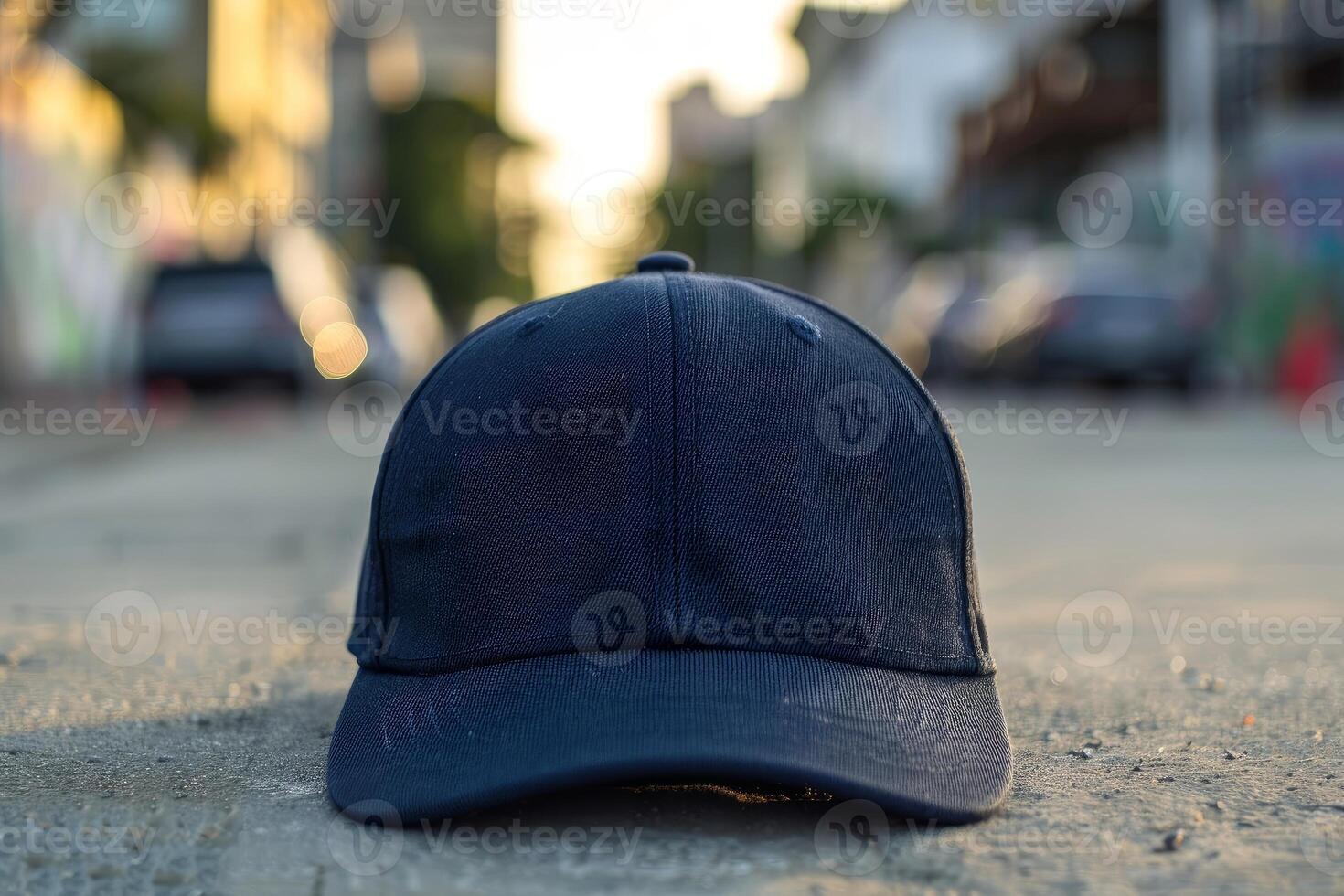 Close up of a blue baseball cap lying on the sidewalk with cars in the background photo