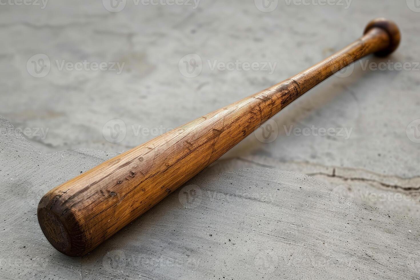 Old baseball bat lying on concrete surface photo