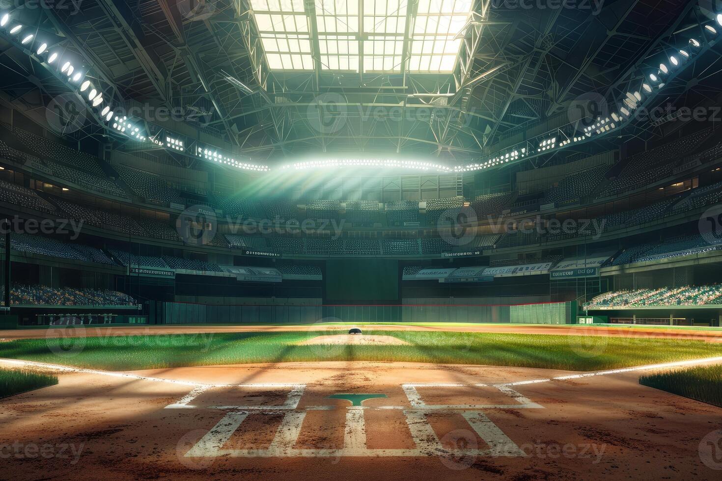 Dramatic lighting illuminating empty baseball stadium at dawn photo