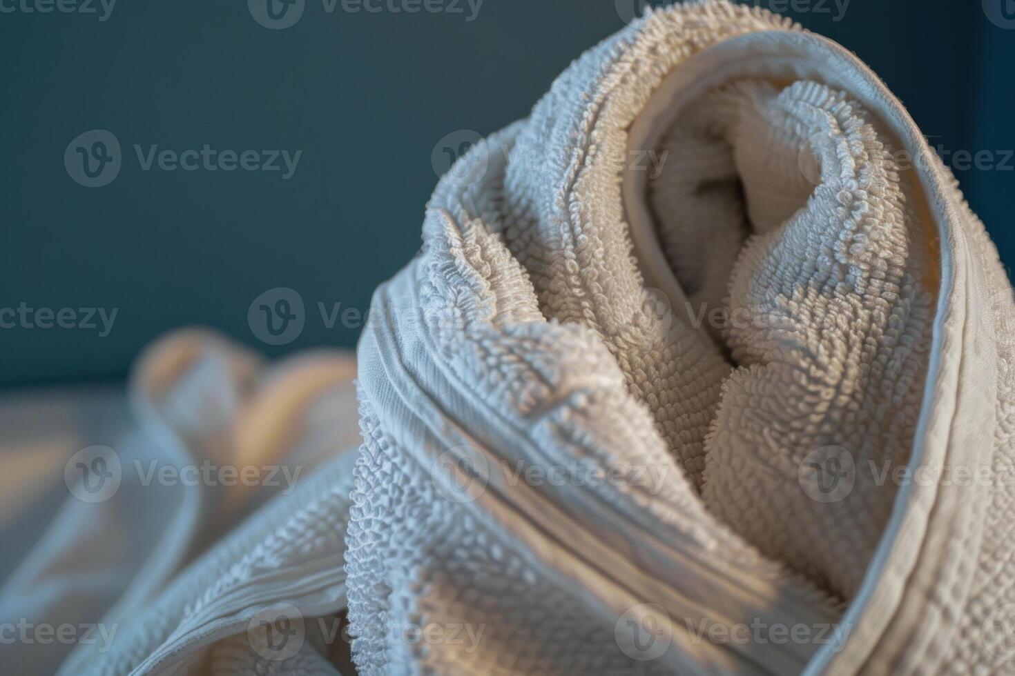 Soft white bath towels neatly folded on a bed photo