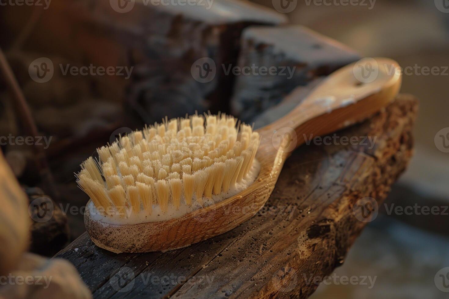 Wooden bath brush with natural bristles resting on rustic surface photo