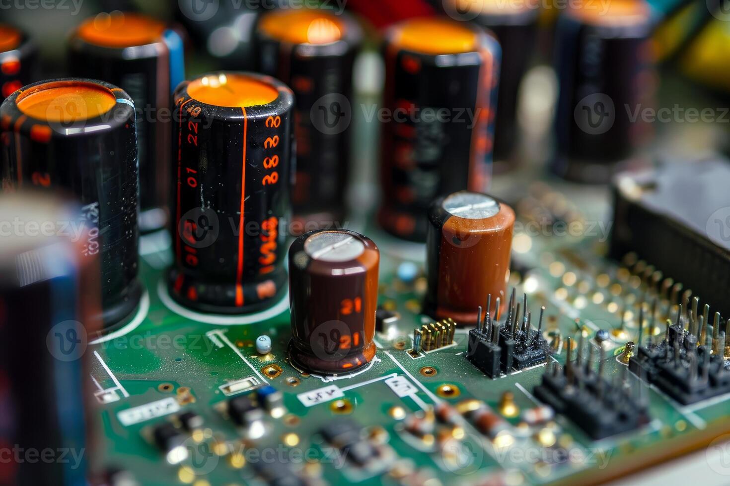 Close up of electronic circuit board showing components and capacitors photo