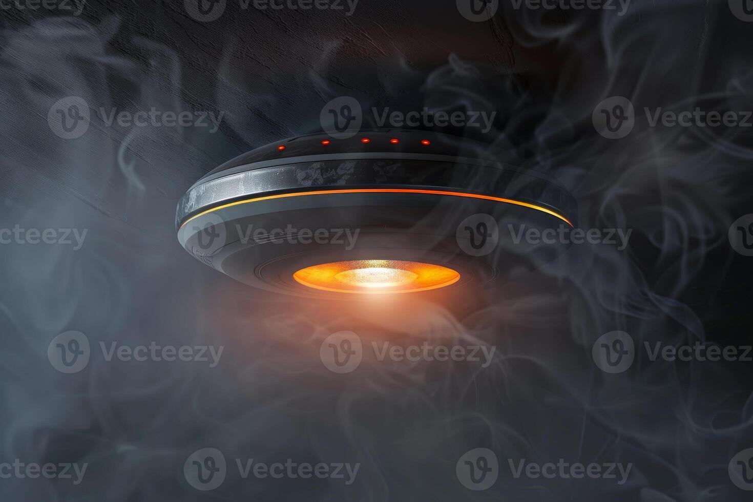 Unidentified flying object hovering in dark atmosphere with smoke photo
