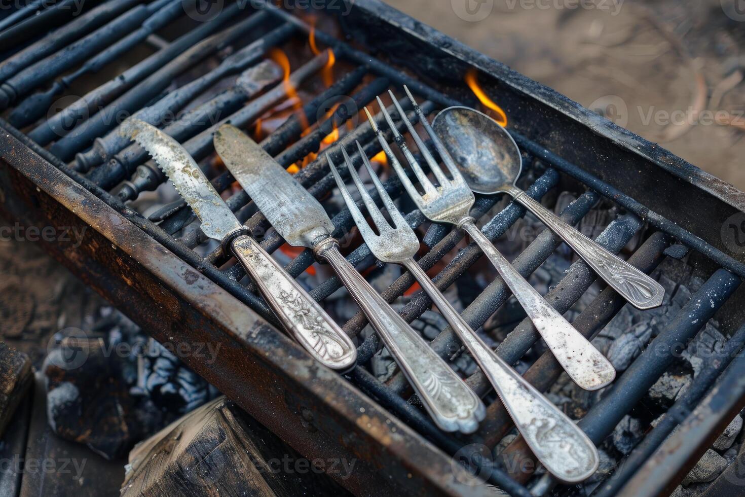 Vintage silverware warming on a campfire grill photo