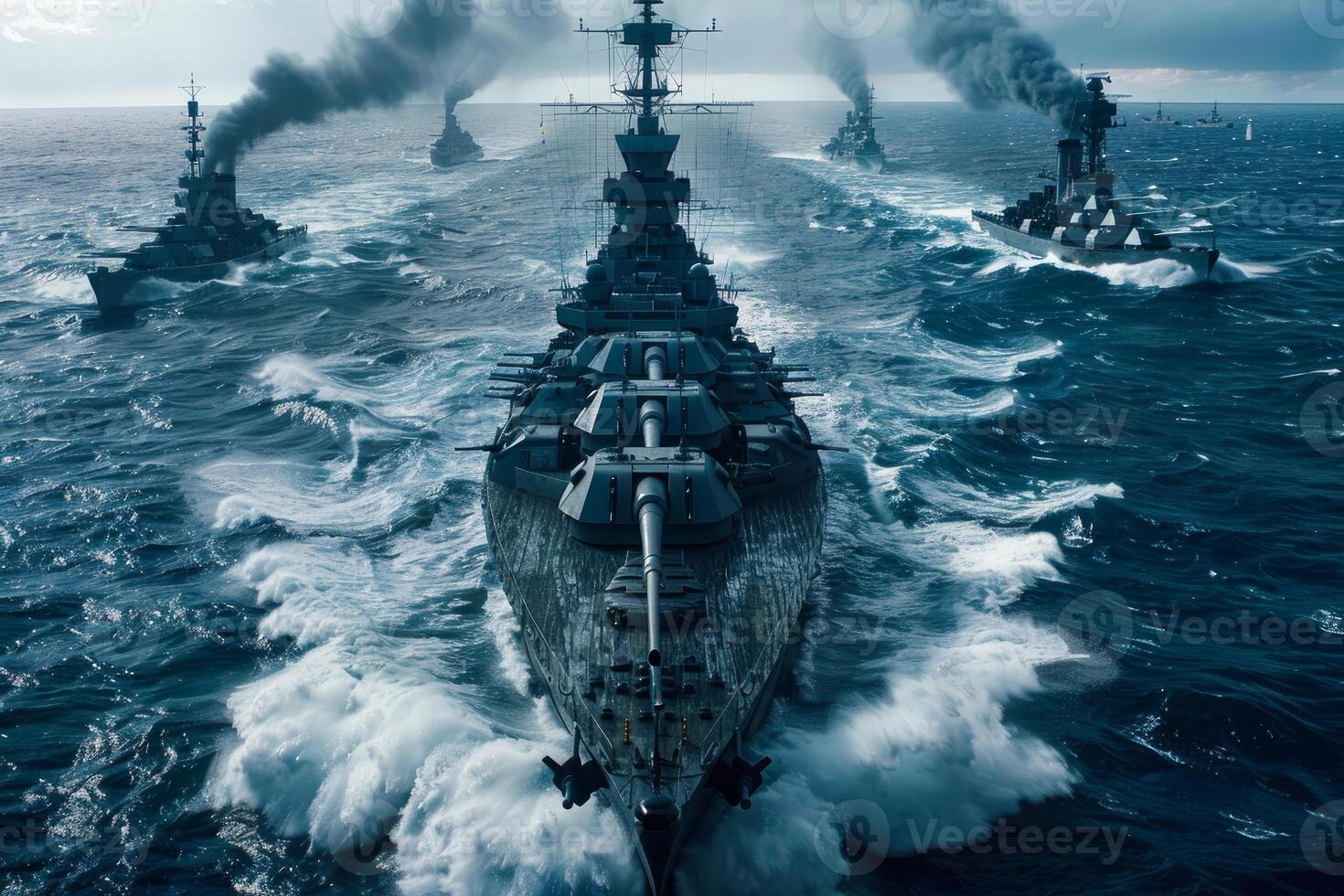 Fleet of battleships sailing in formation on open ocean photo