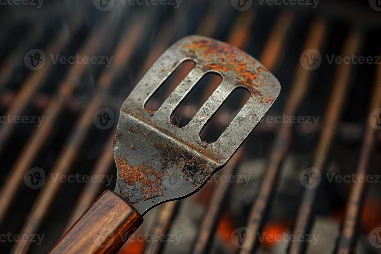 Rusty metal spatula hovering over flaming barbecue grill photo