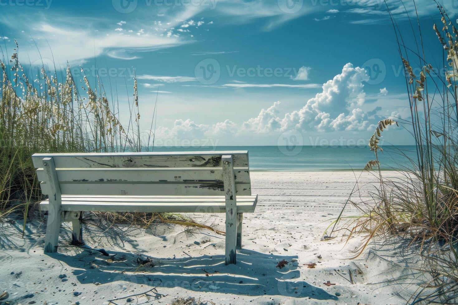 Weathered bench resting on secluded beach inviting relaxation photo
