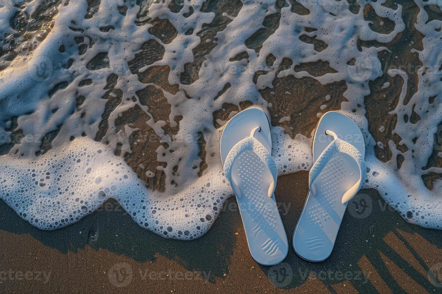 White flip flops washing up on the beach shore photo