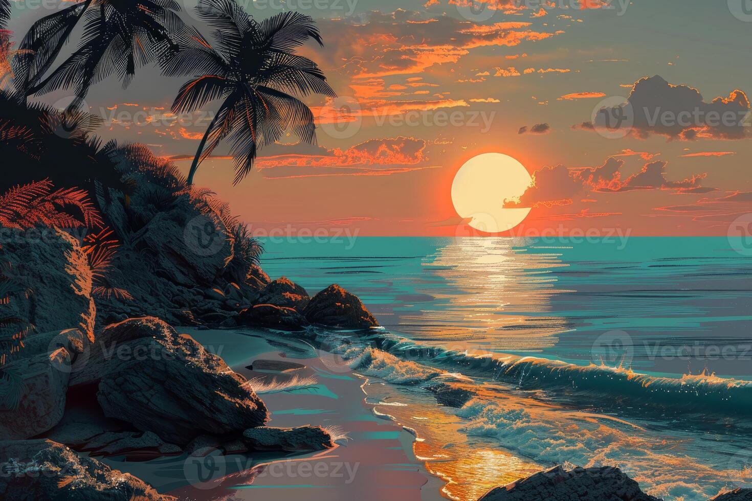 Golden sun setting over tropical beach with palm trees photo