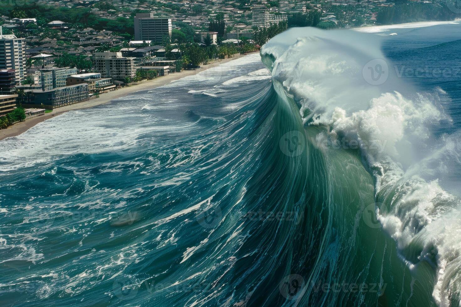 Giant wave forming and breaking near the coastline photo