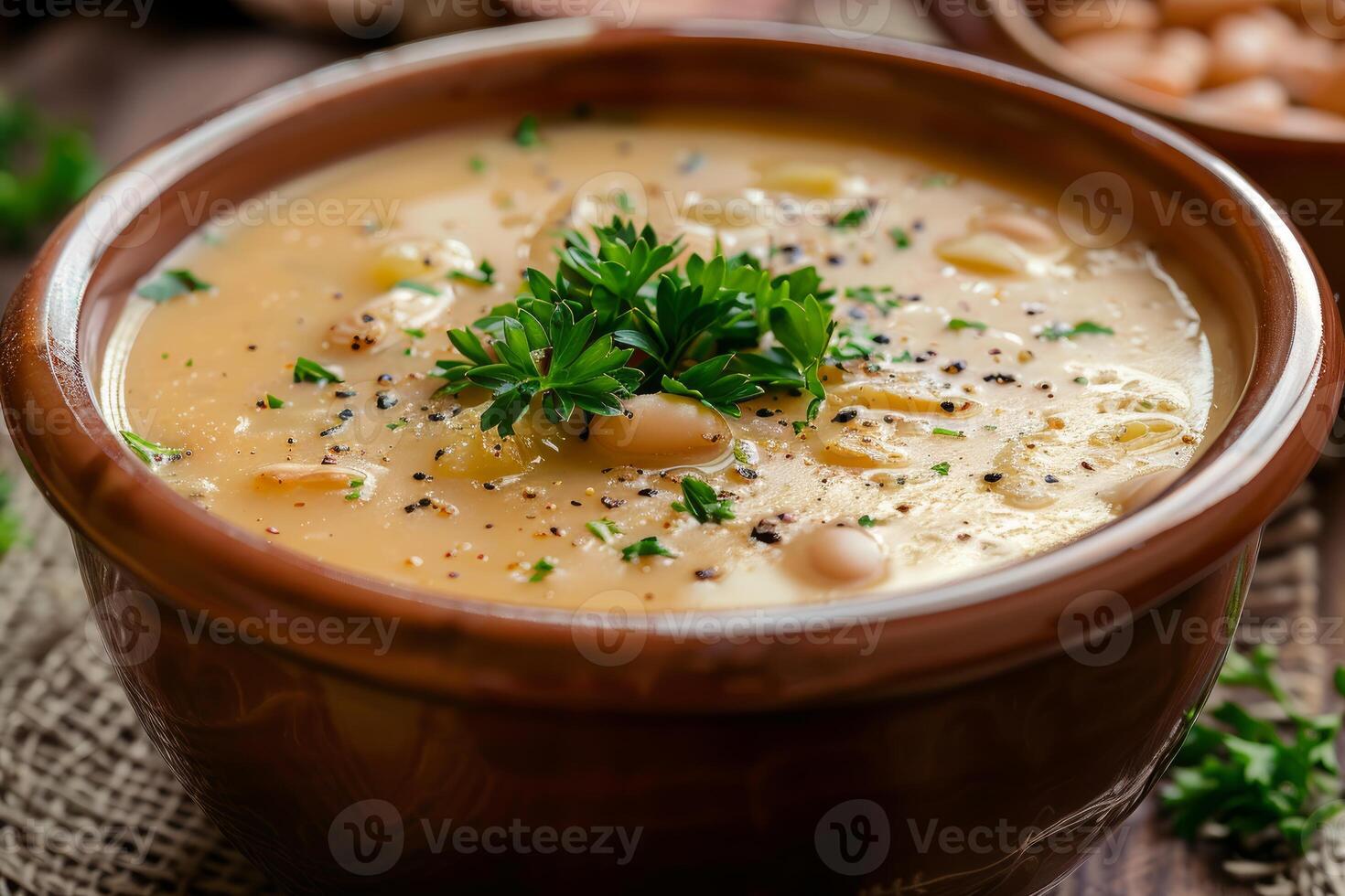Steaming bean soup garnished with parsley in rustic brown bowl photo