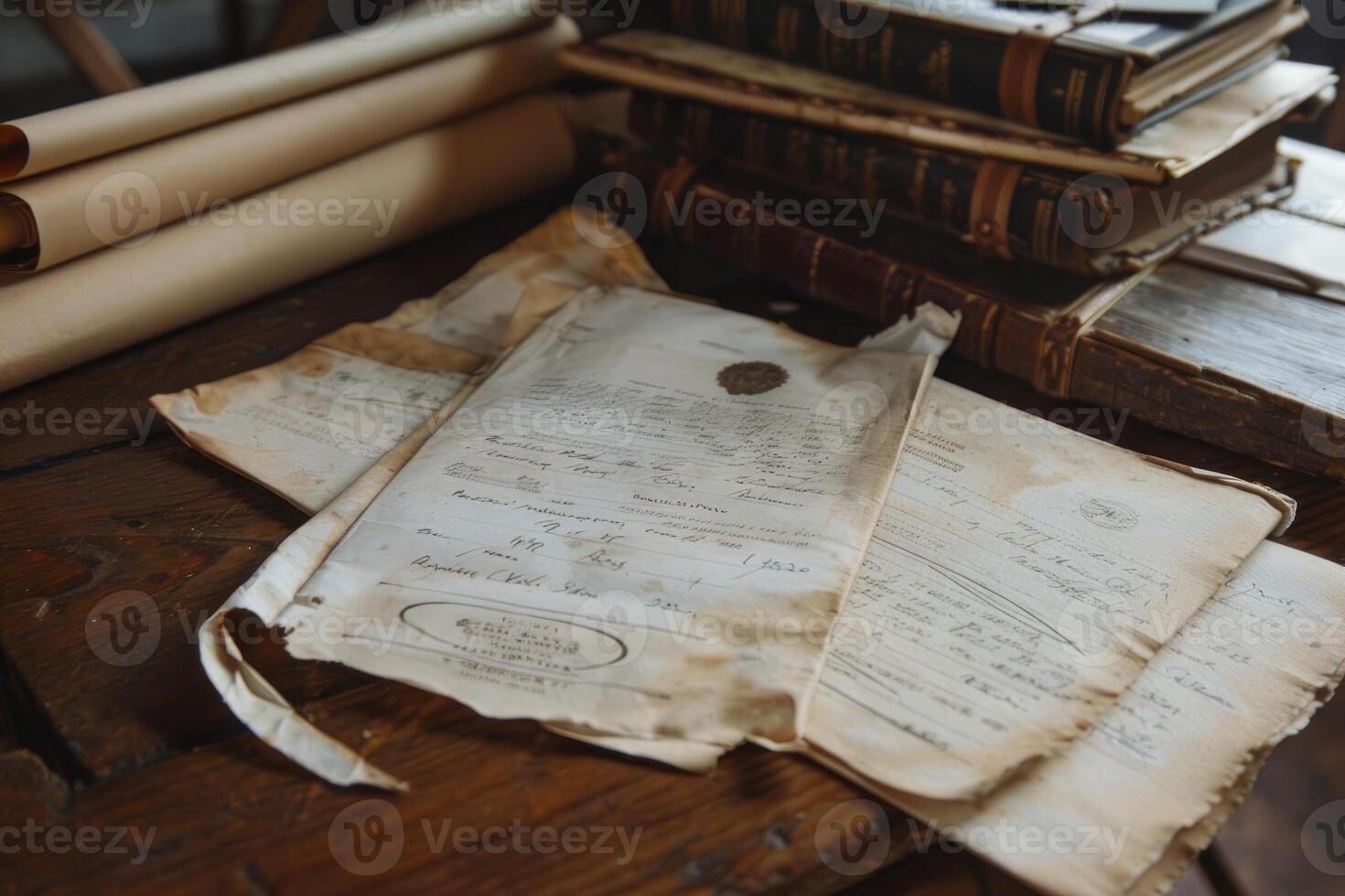 Old documents and papers lying on wooden table with stack of books photo