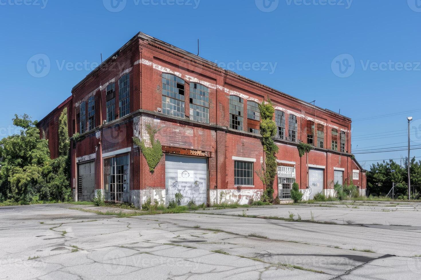 Abandoned red brick industrial building crumbling with broken windows photo