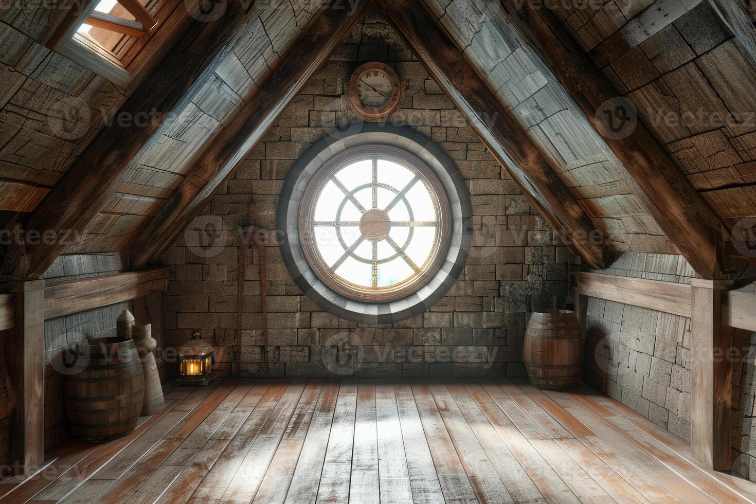 Empty attic room with round window illuminating wooden floorboards photo