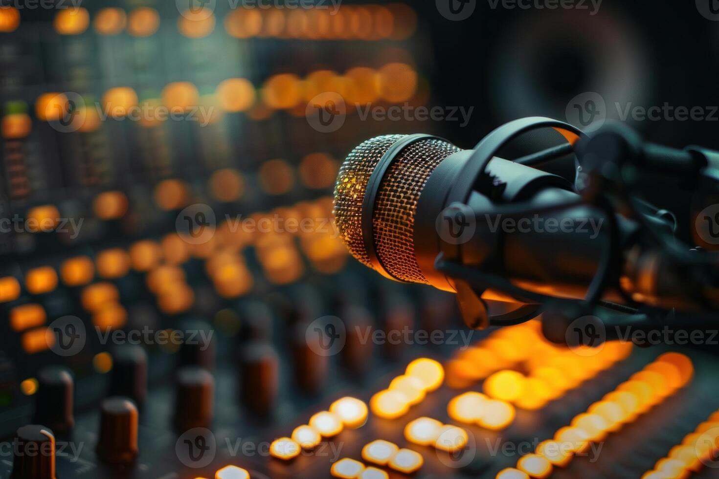 Professional microphone standing over recording equipment in a music studio photo