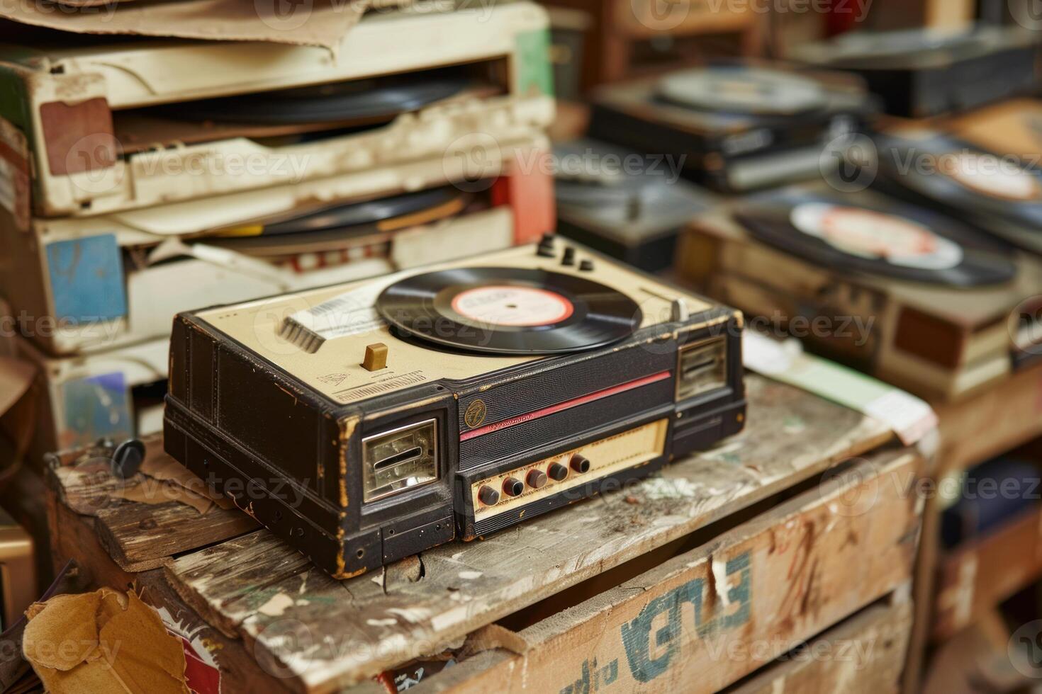 Old turntable sitting on a crate surrounded by records photo
