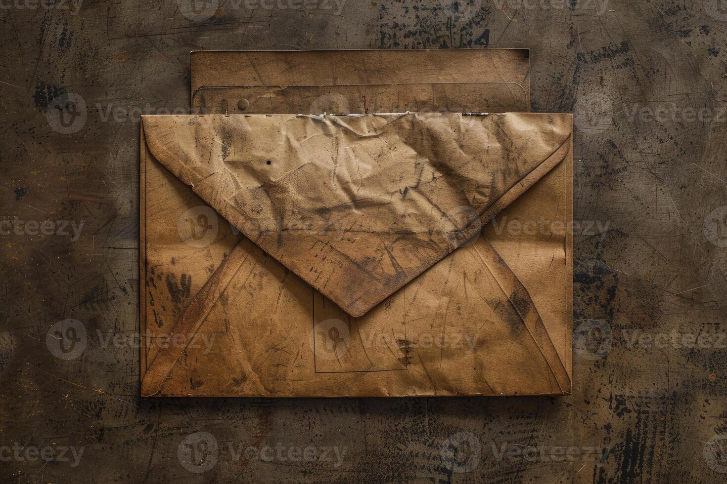 Old paper envelope resting on a worn desk photo