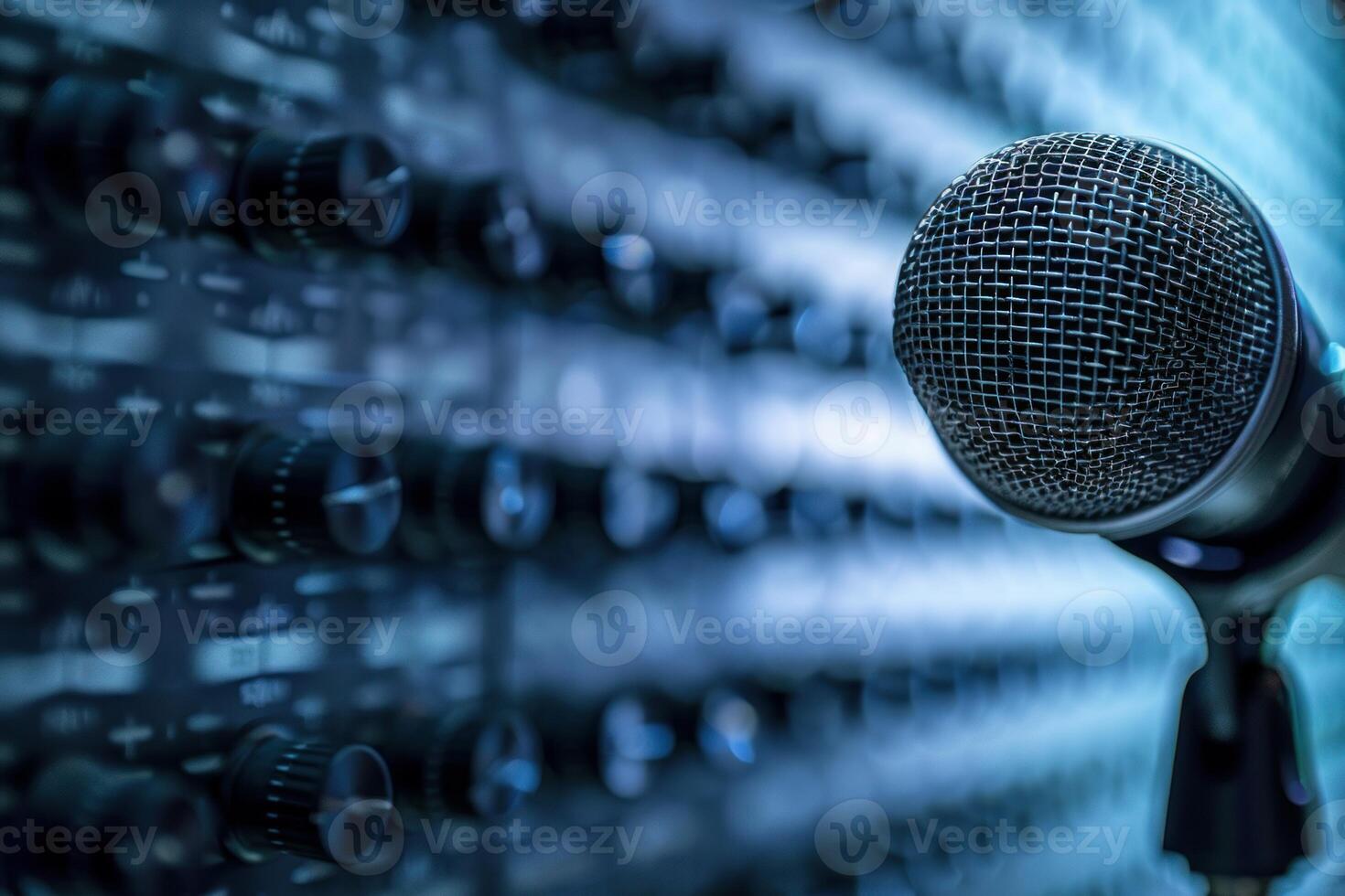 Professional condenser microphone standing in front of a recording mixer photo