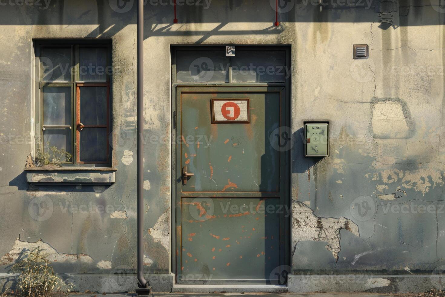Old industrial building facade showing signs of aging and decay photo