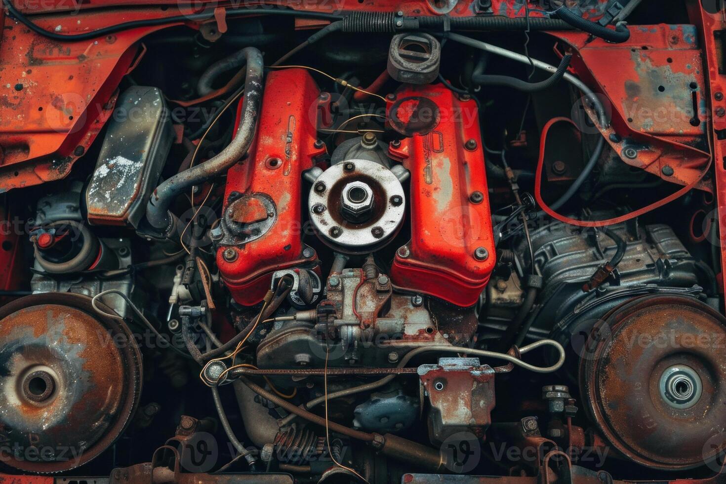 Old rusty car engine showing mechanical decay photo