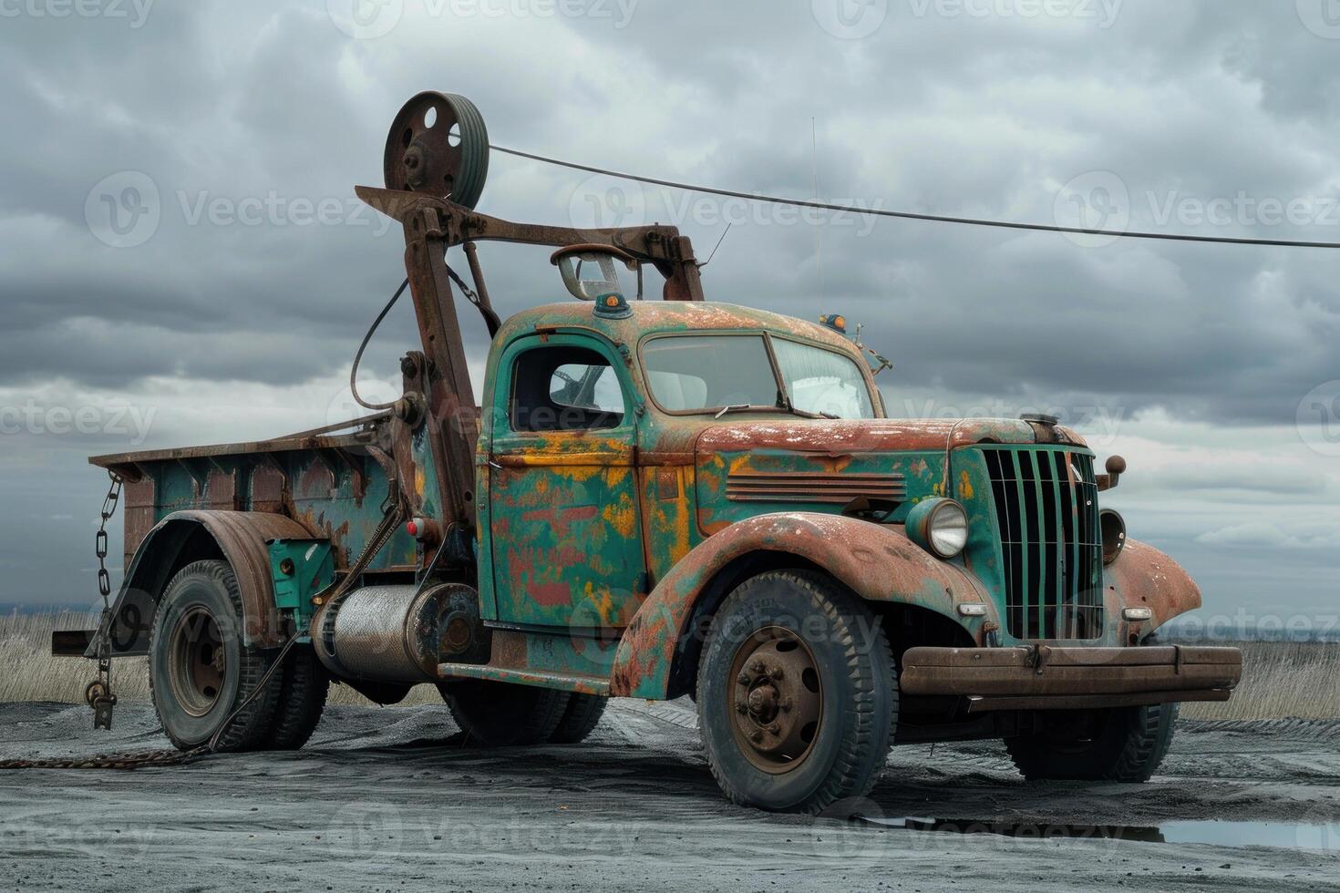 Old rusty tow truck with cable and hook parked on gravel photo