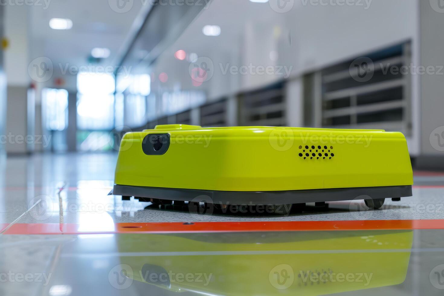 Autonomous cleaning robot standing in the middle of a corridor photo