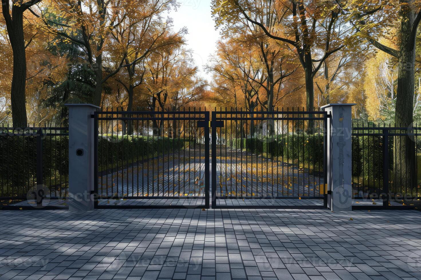 Closed modern metal gate surrounding property covered with fallen leaves in autumn photo
