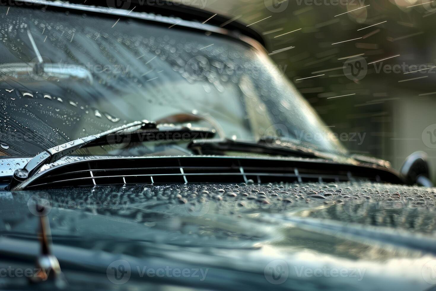 Windshield wipers working on car during rain shower photo