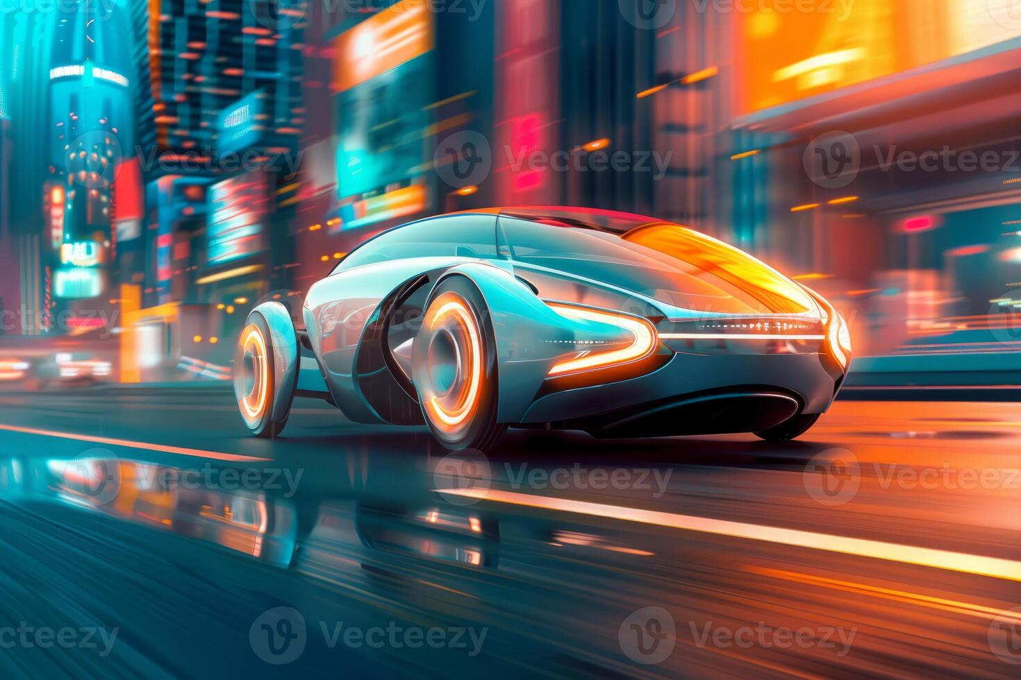 Futuristic autonomous electric car driving on road at night surrounded by neon lights photo