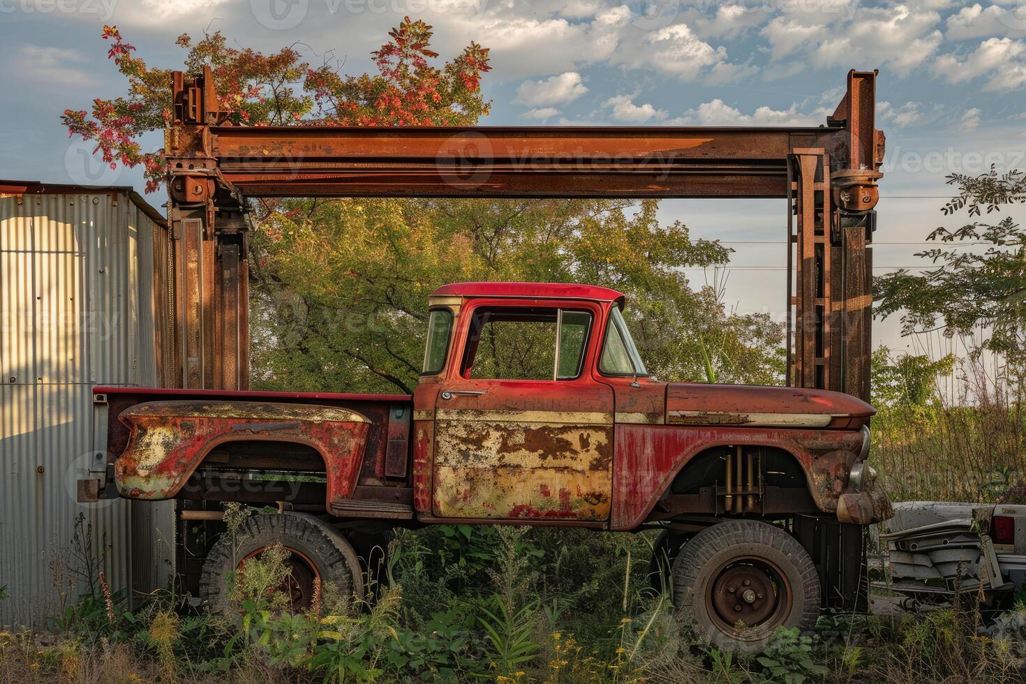 Rusty old red pickup truck sitting under a gantry crane photo