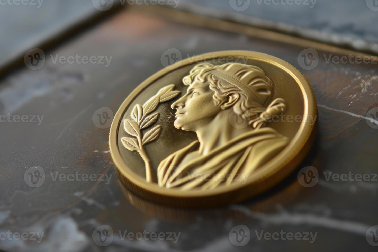 Shiny gold coin celebrating success with laurel wreath design photo