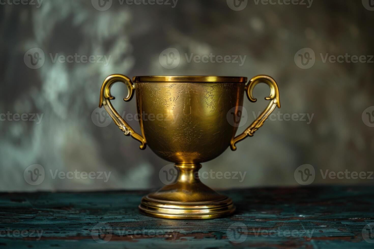 Golden trophy standing on rustic wooden surface symbolizing victory photo