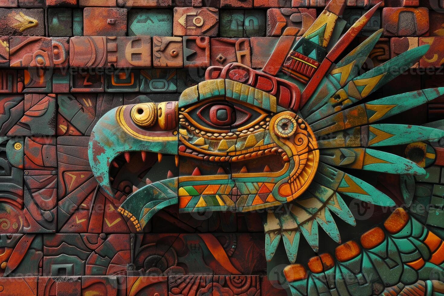 Colorful aztec eagle warrior carving on stone wall depicting ancient ritual photo
